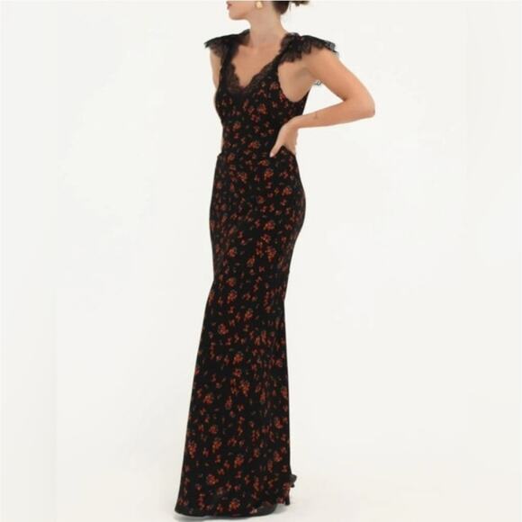 NEW Rumored Frontier Spanish Poppy Black Red Floral Lace Maxi Dress Small - Picture 3 of 15